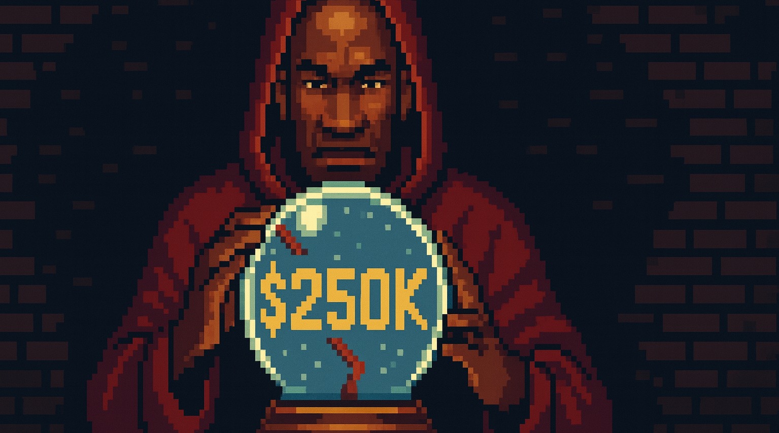 Pixel art representing Arthur Hayes holding a crypto crytstall ball with btc price prediction