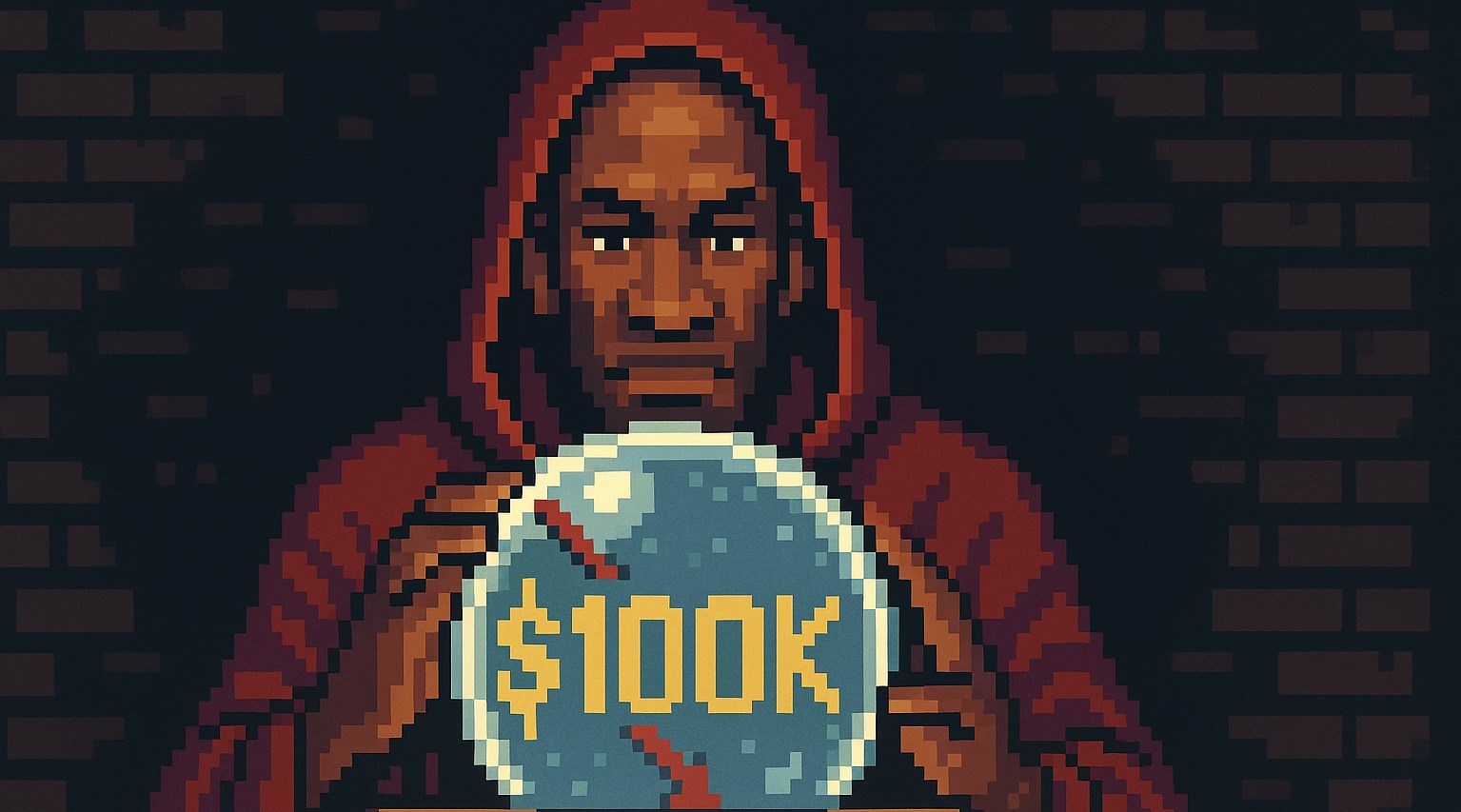 Pixel art representing Arthur Hayes holding a crypto crytstall ball with btc price prediction