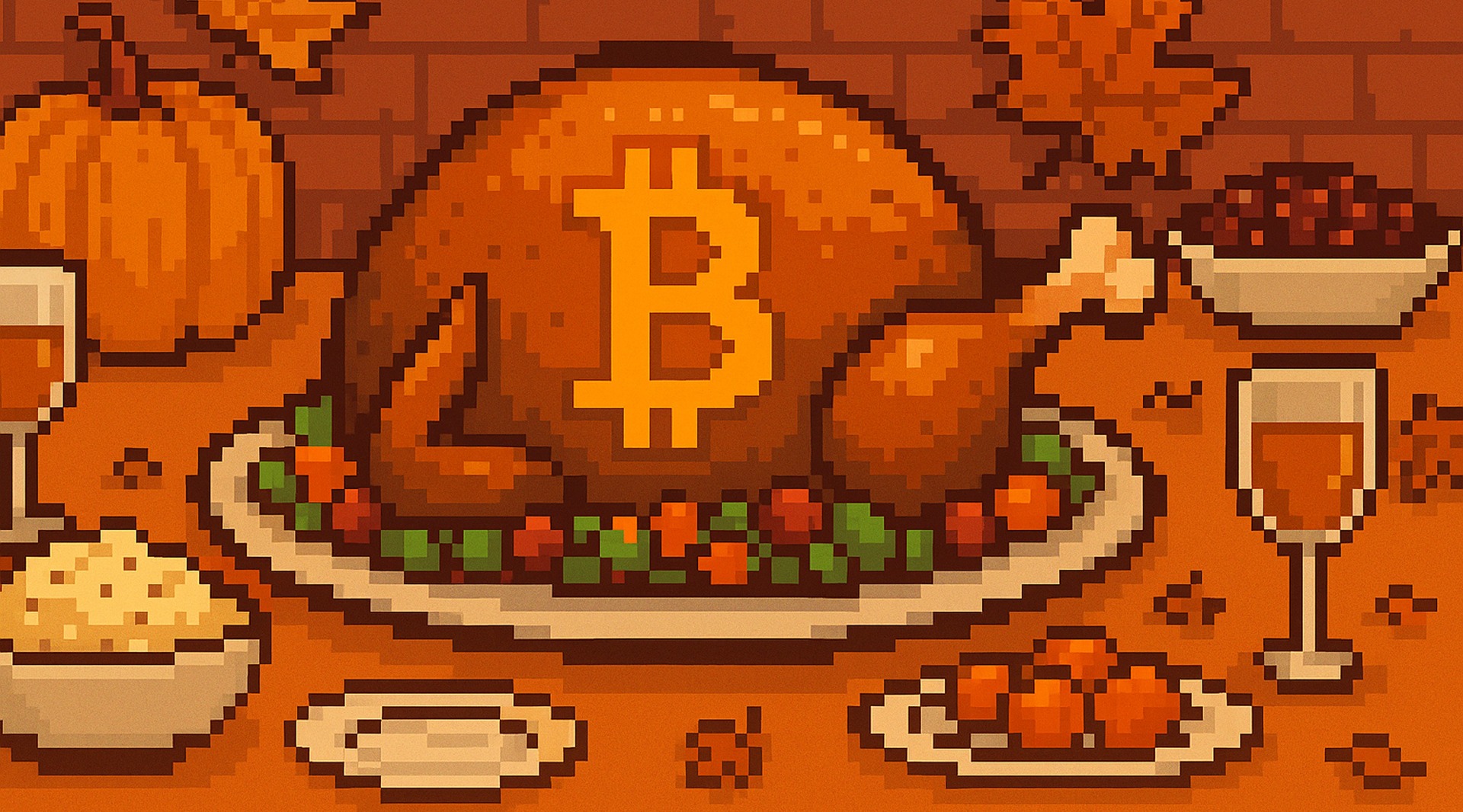 A pixel art showing a thankskgiving table with turkey in the middle with big Bitcoin logo
