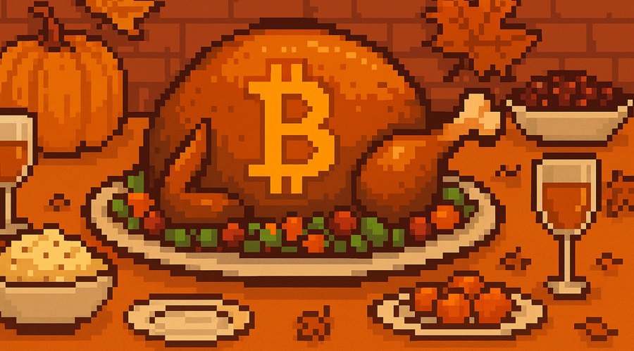 A pixel art showing a thankskgiving table with turkey in the middle with big Bitcoin logo