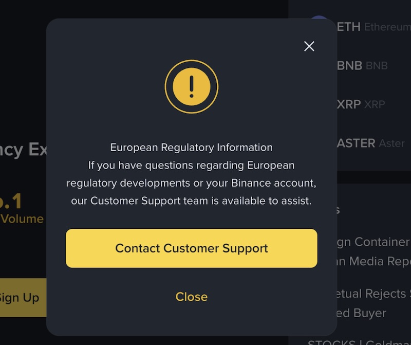 Binance restricts access from EU IP