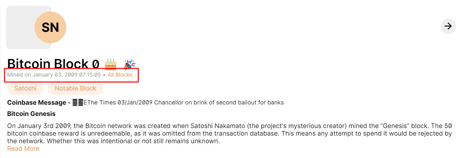 Bitcoin Genesis Block. Source: Blockchain.com