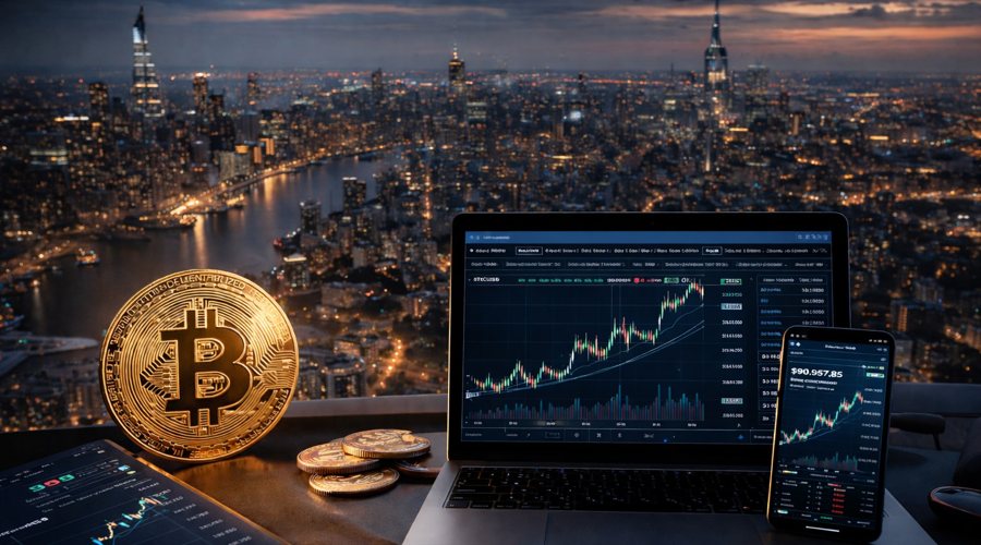 Bitcoin and trading screens against a nighttime city skyline, symbolising 24-7 crypto markets.