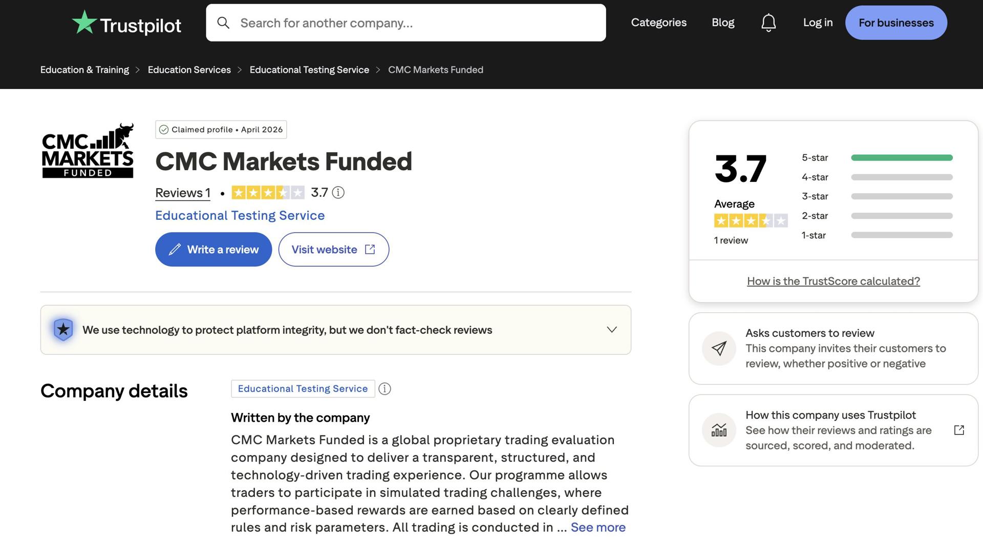 CMC Markets Funded Trustpilot page