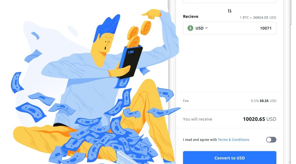 Cartoon image of someone cashing out of the YouHolder wallet.