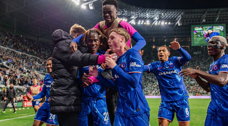 Clelsea team after UEFA Conference League Final 2025. shutterstock