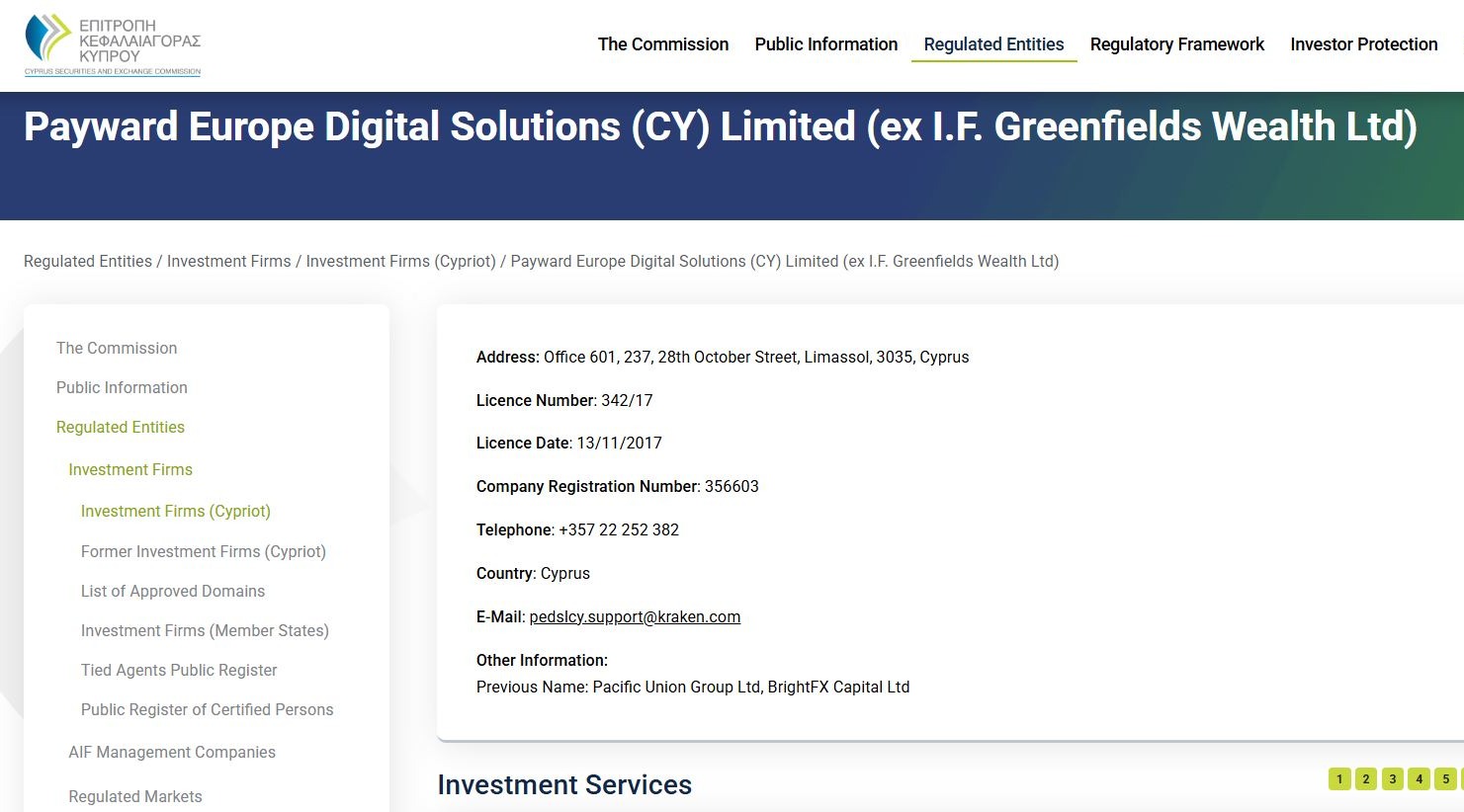 CySEC registry showing details of Kraken's license