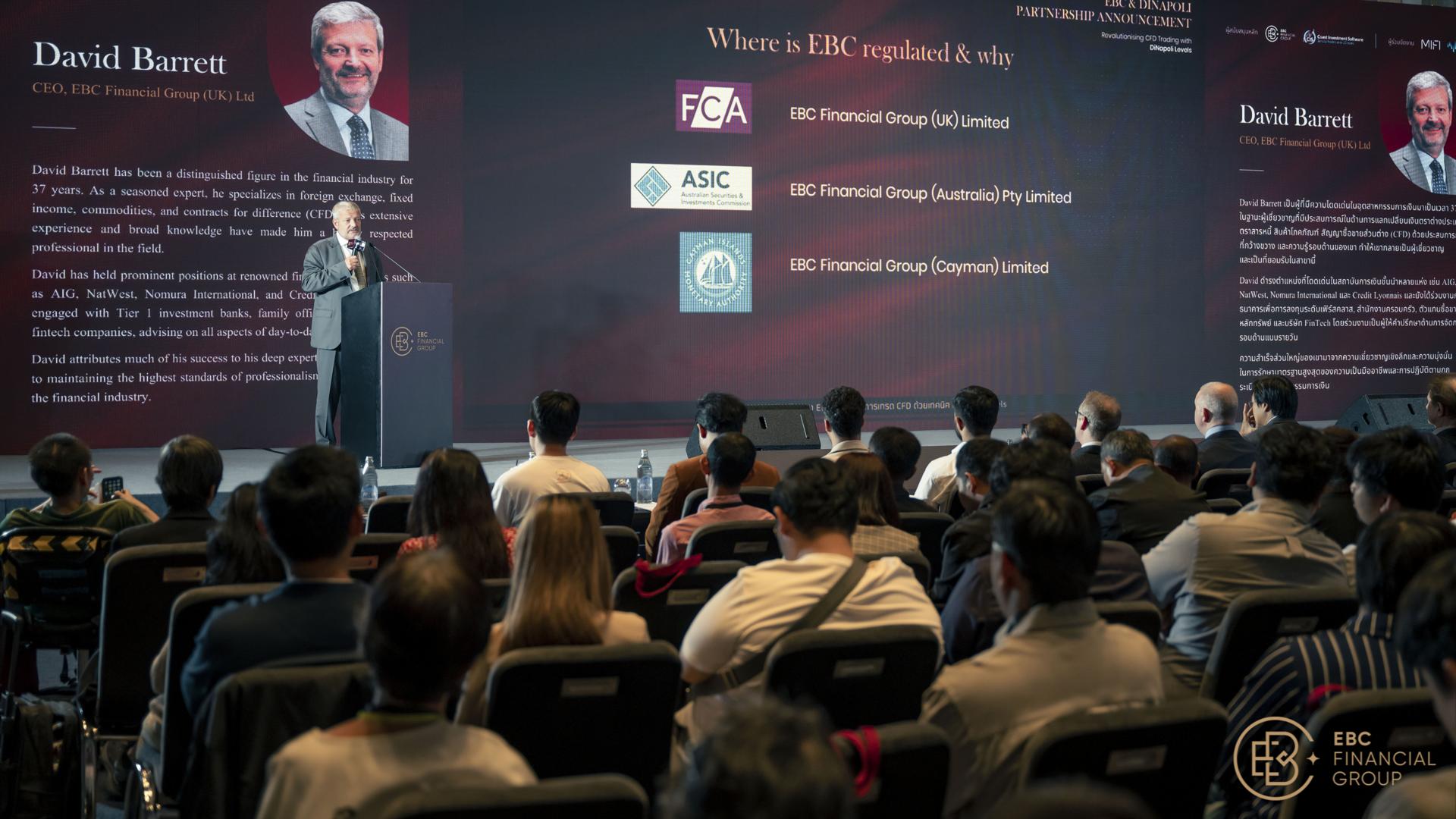 David Barrett, CEO of EBC Financial Group’s UK and Cayman entities, speaking at the event in Bangkok
