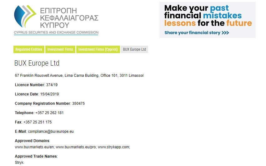 Details of the Cyprus Investment Firm license of BUX Europe on CySEC's registry