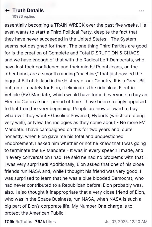 Donald Trump criticizes Elon Musk. Source: Truthsocial.com