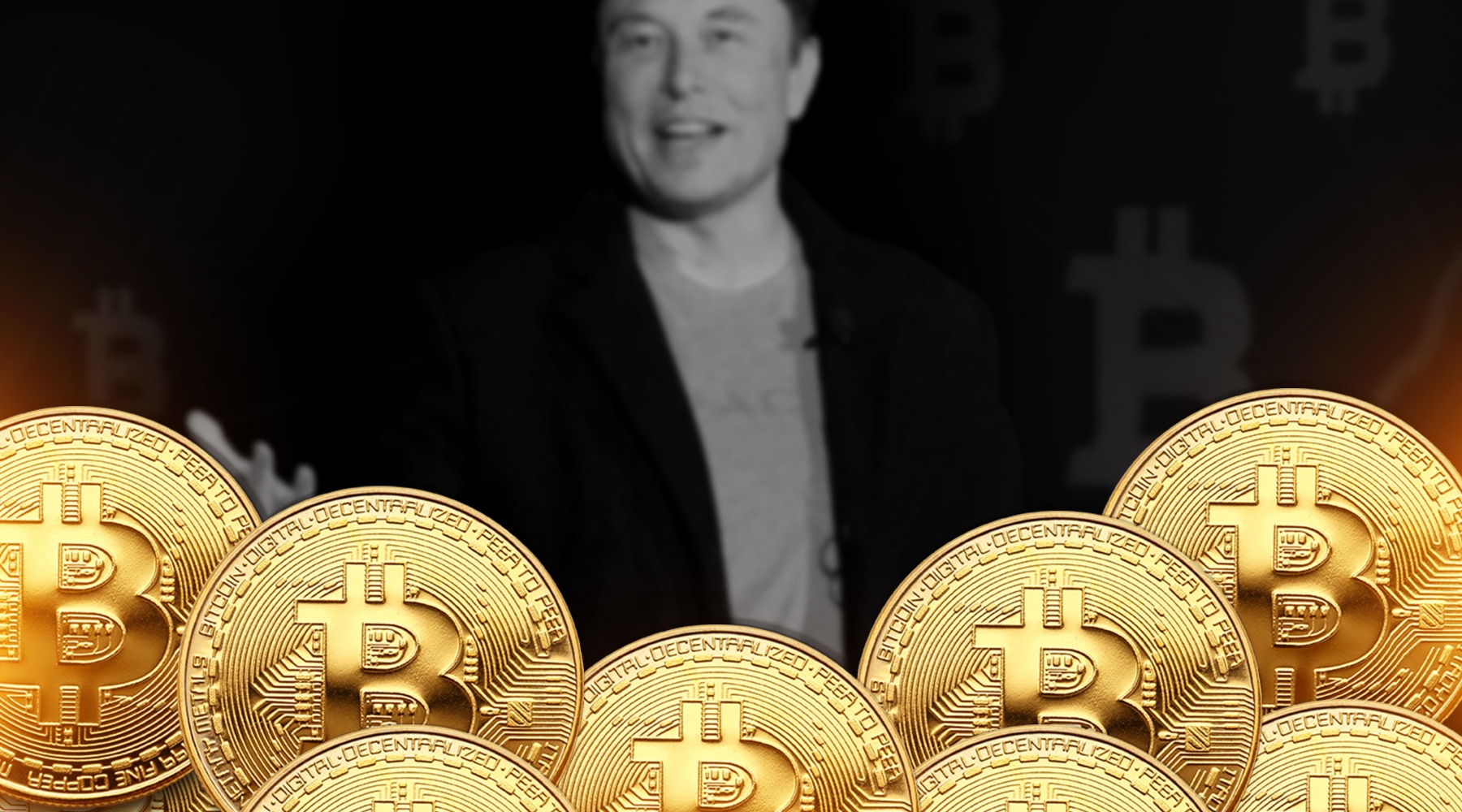 Stack of Bitcoin tokens with the photo of Elon Musk in the background