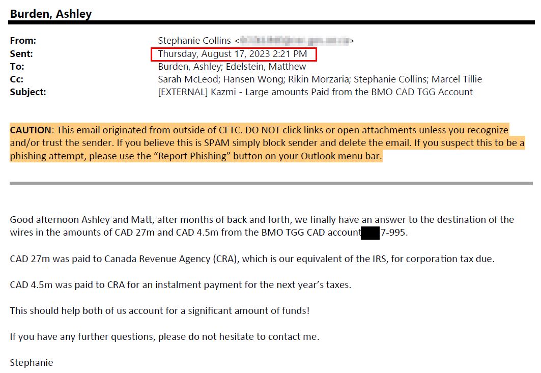 Email from OSC to CFTC confirming the tax payments by My Forex Funds