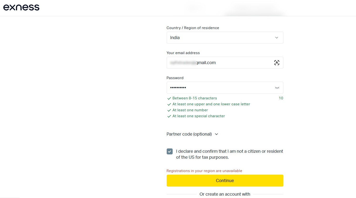 A screenshot of Exness registration page from an Indian IP