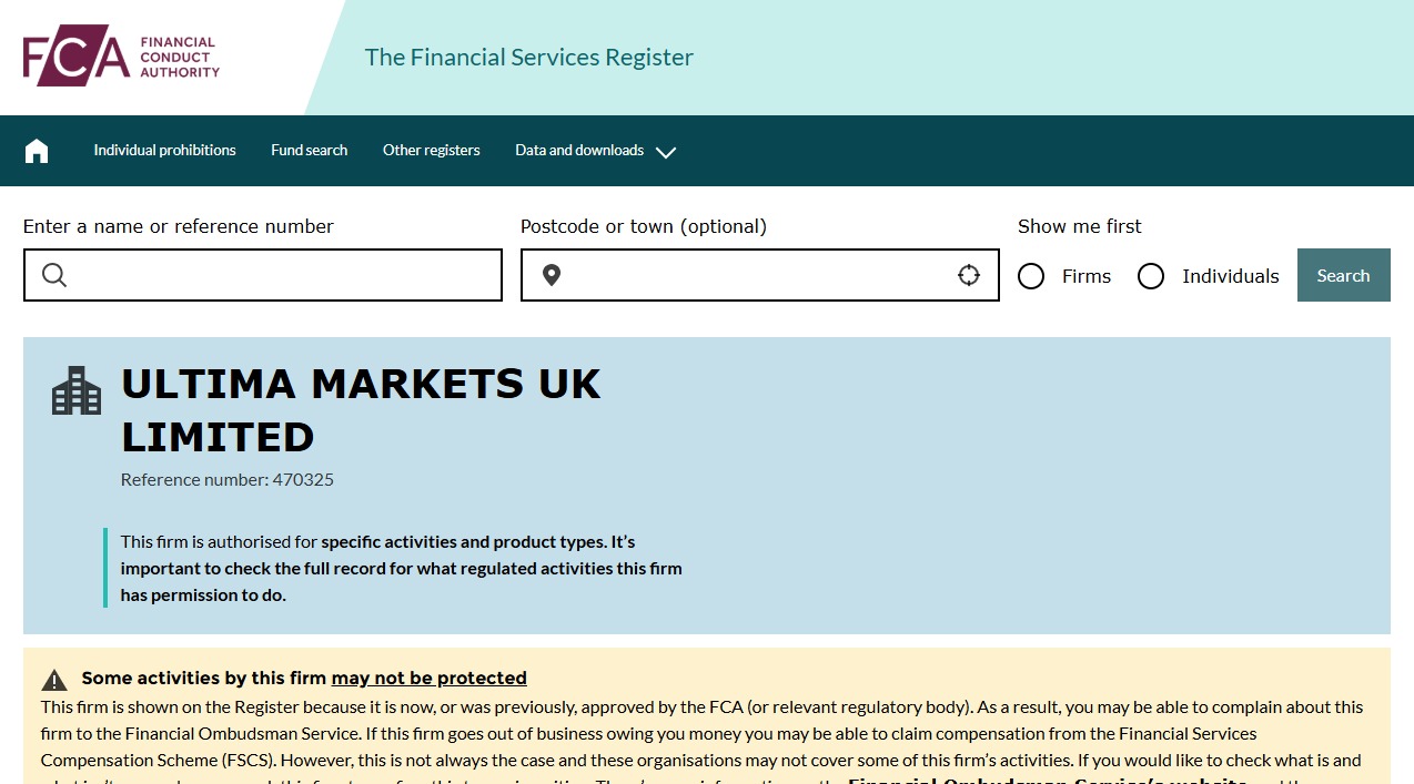 FCA website showing details of Ultima Markets' license