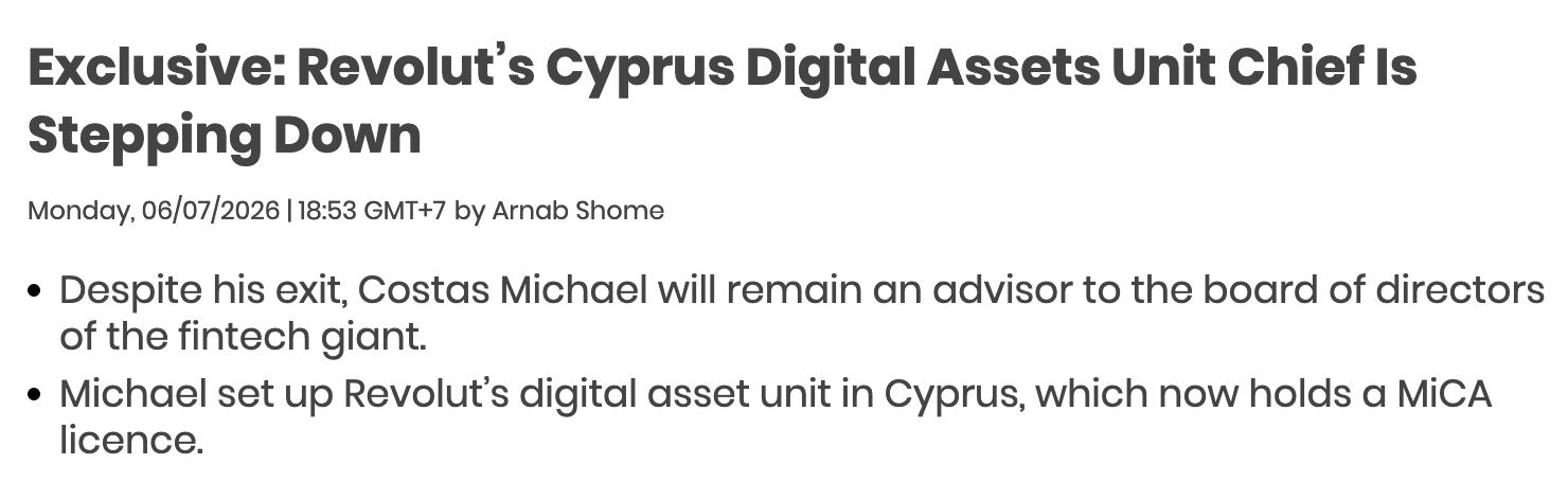 Finance Magnates' exclusive coverage on Costas Michael's decision to step down as Revolut Cyprus CEO
