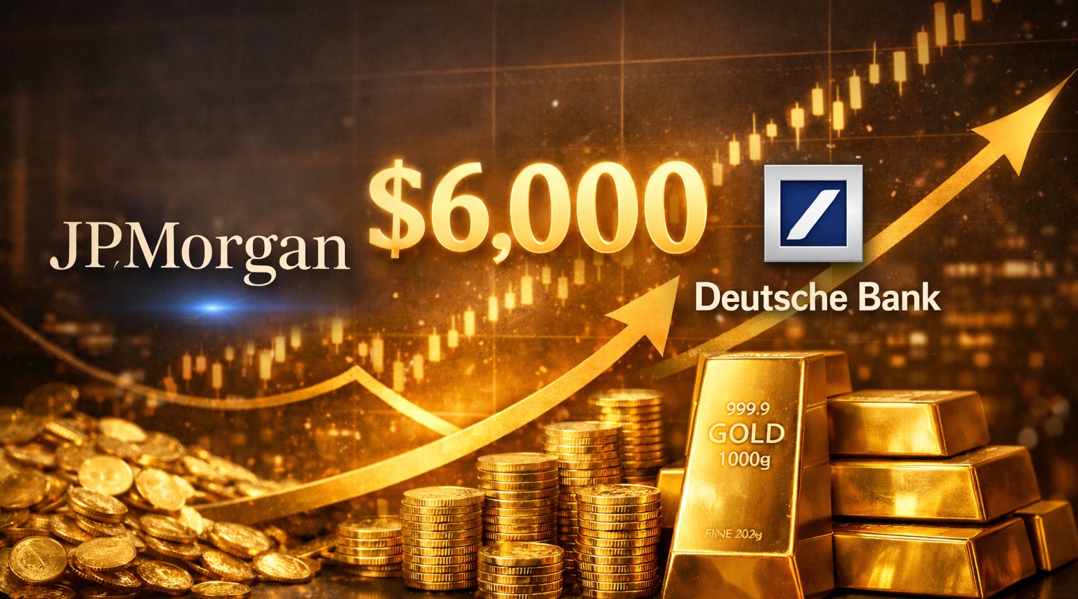 JP Morgan and Deutsche Bank logos over gold coins and bars with 6k price prediction