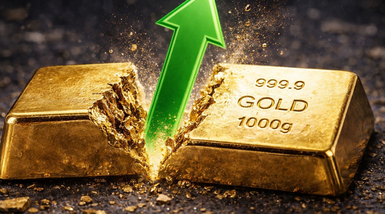 Gold bar split in half by an upward arrow symbolizing rising gold prices and bullish market momentum