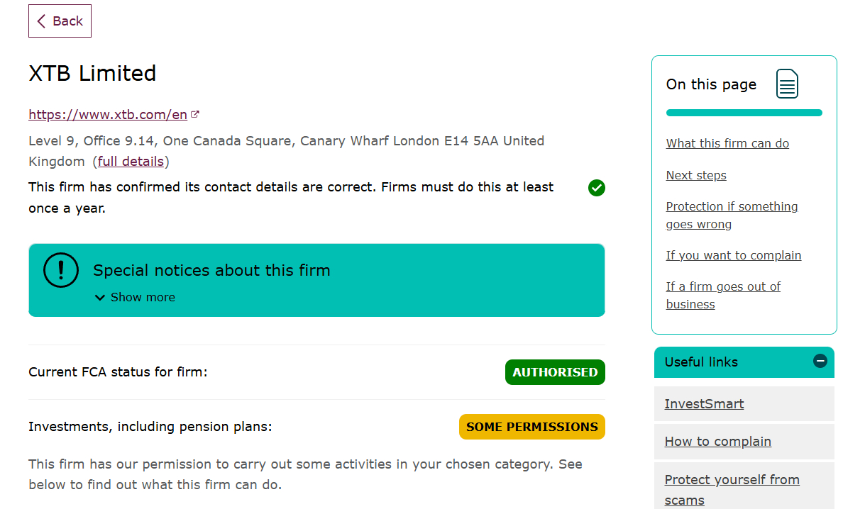 How does the FCA’s firm checker work using XTB as an example?