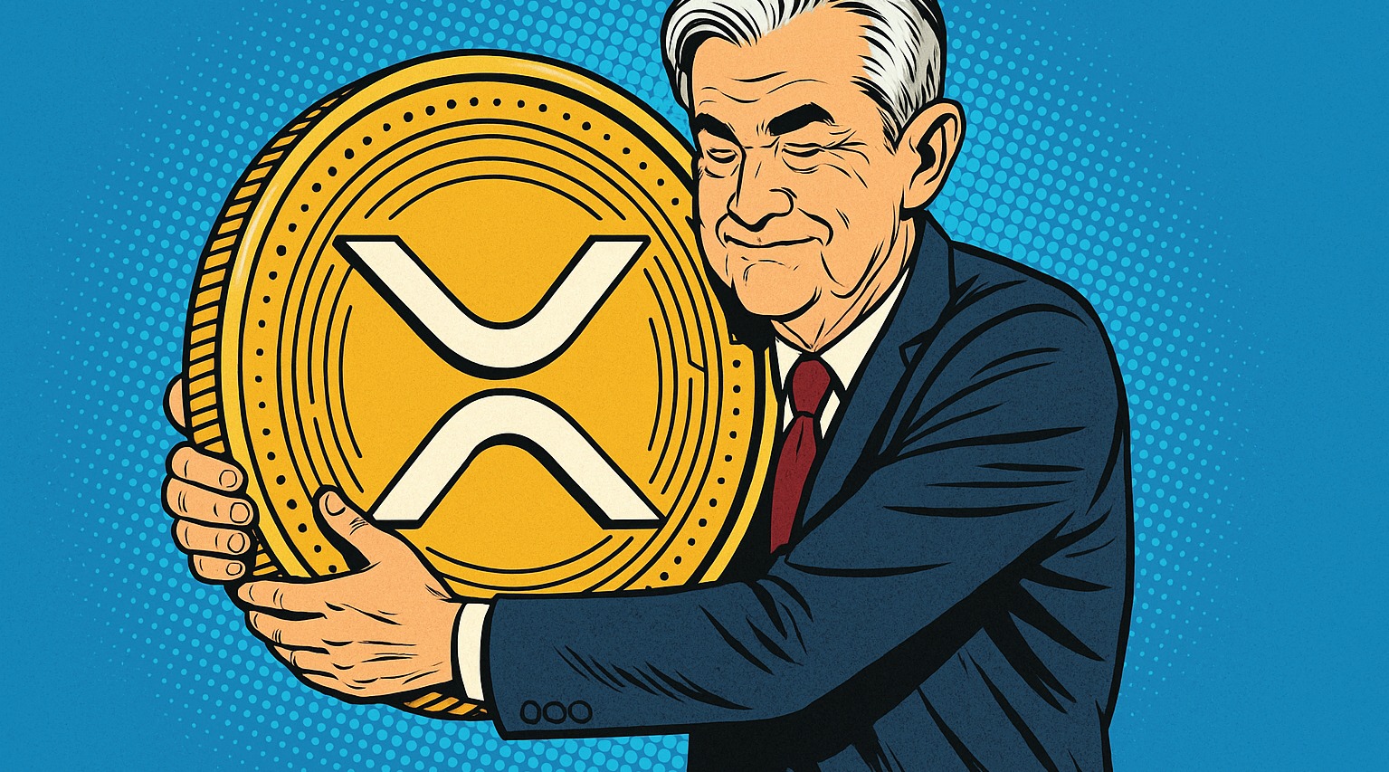 The chatgpt generated graphic showing Fed's Jerome Powell hugging big XRP crypto token