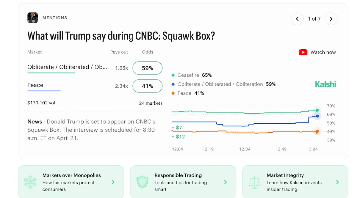 Kalshi bets. Homepage screenshot