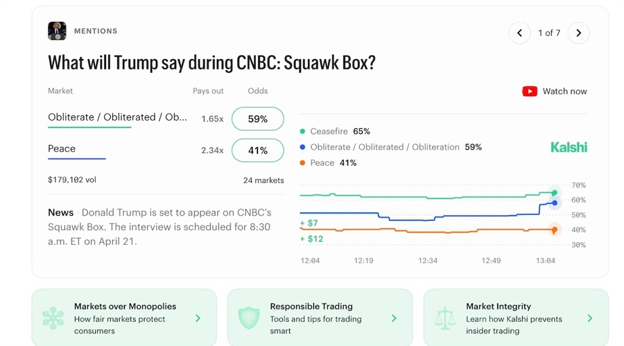 Kalshi bets. Homepage screenshot