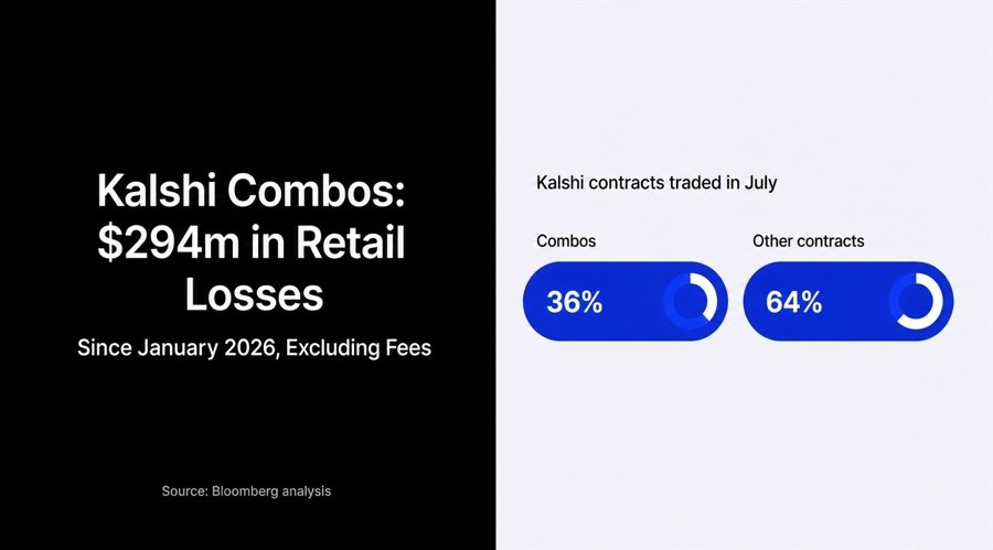 Kalshi combos: 36% of July contracts and $294m in 2026 retail losses. Source: Bloomberg.