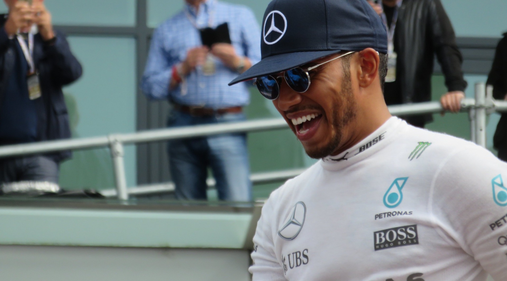 Lewis Hamilton celebrating after his victory at the British GP at Silverstone in 2016.