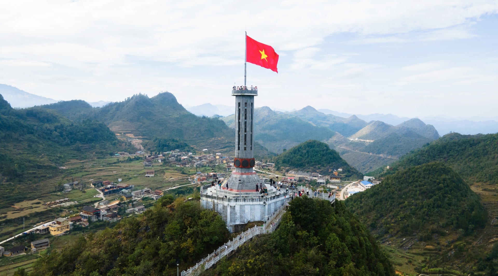 Lung Cu flag tower from drone in Hagiang, Vietnam