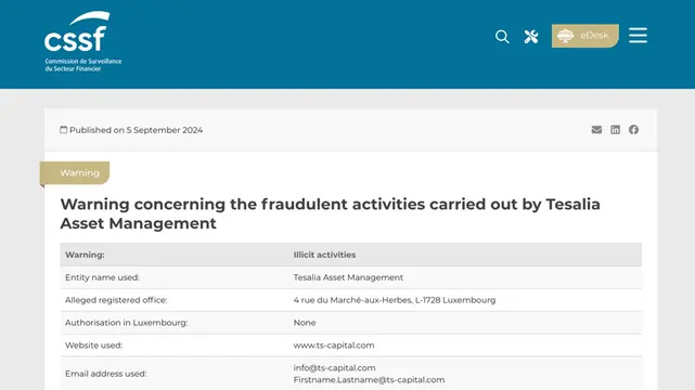 Luxembourg Financial Regulator's (CSSF's) Warning About Tesalia Asset Management