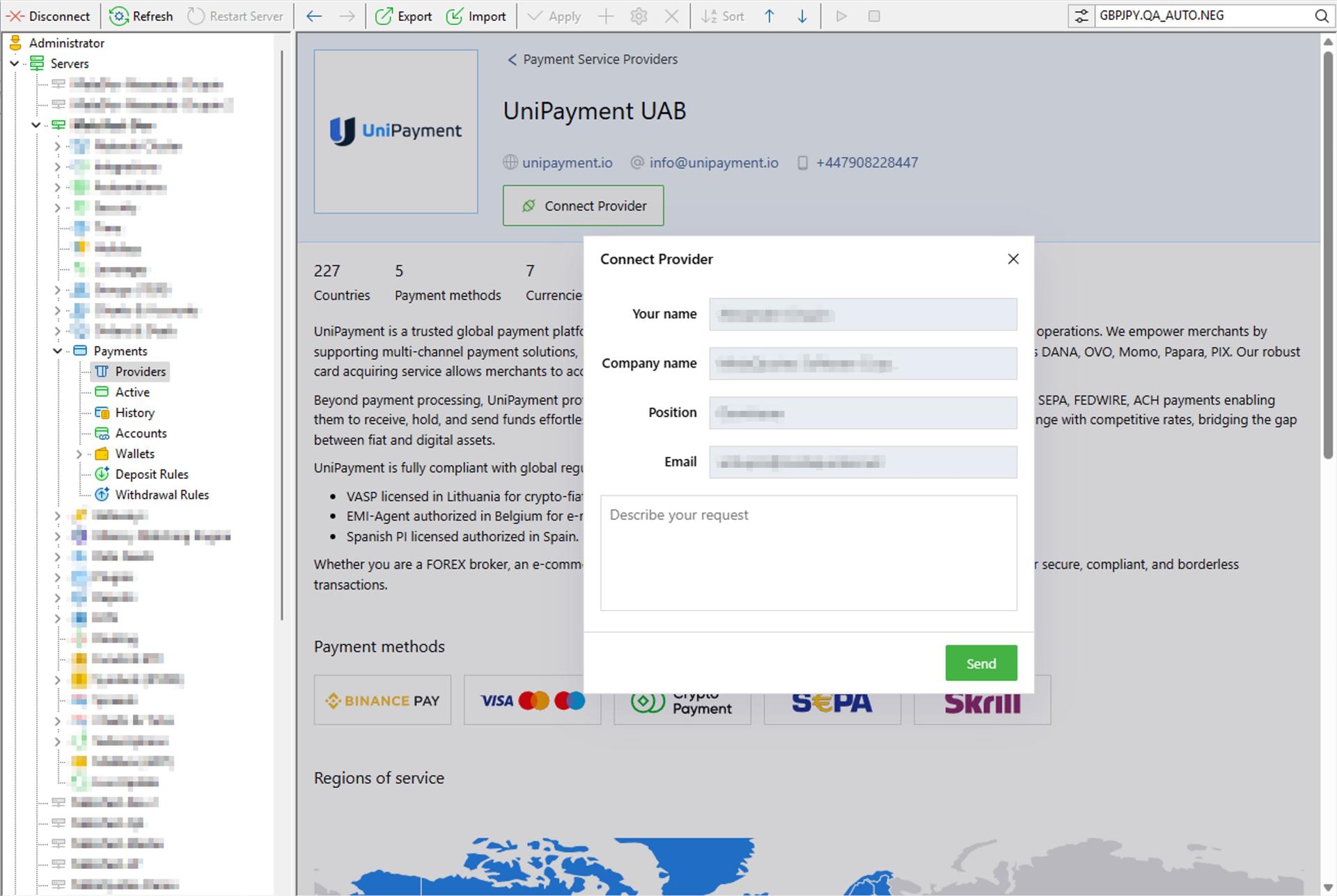 MetaTrader 5 admin panel showing UniPayment built-in card and crypto payments integration