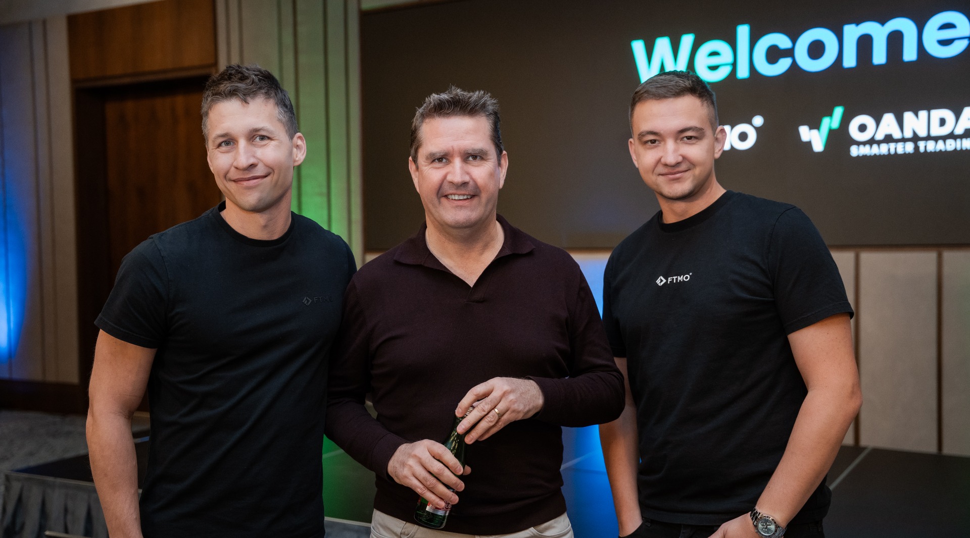 OANDA's CEO, Gavin Bambury, and FTMO's founders, Otakar Šuffner (left) and Marek Vašíček (right)