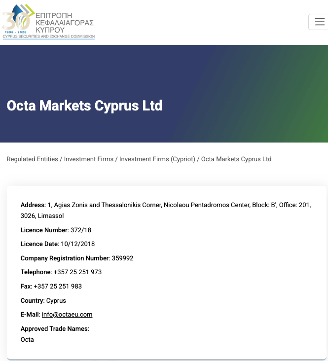 Octa Markets Cyprus' license on CySEC's register