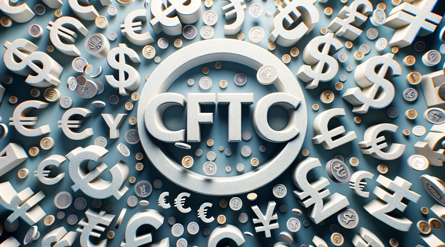 Photorealistic image of the CFTC logo. Surrounding the logo, various currency symbols