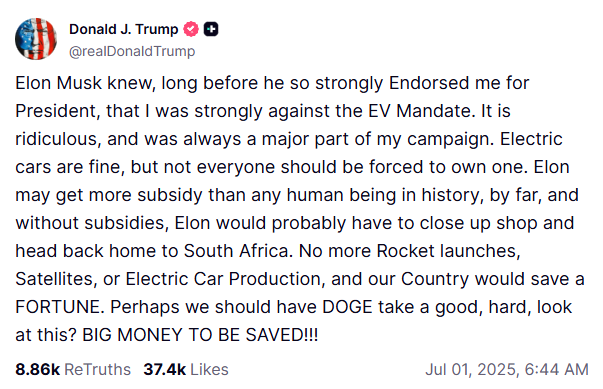 Previous Trump’s post regarding Musk’s actions. Source: Truthsocial.com