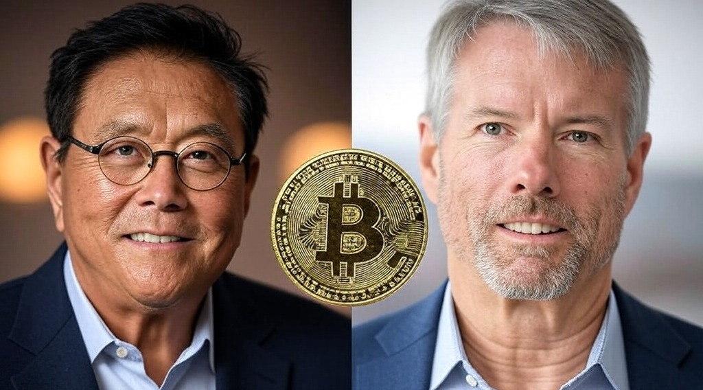 Kiyosaki and Saylor picutres with bitcoin token in the middle