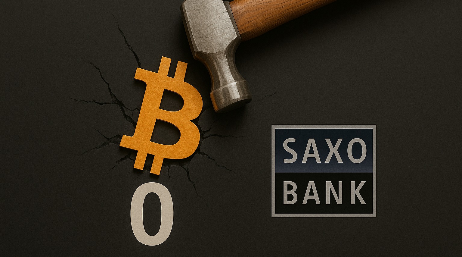 Graphic showing hammer throwing bitcoin into zero level with Saxo Bank logo by right side