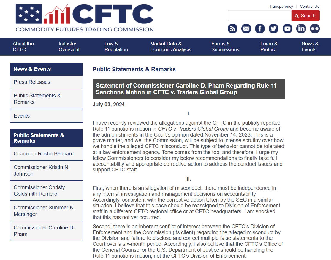 Screenshot of Commissioner Pham statement on the CFTC website