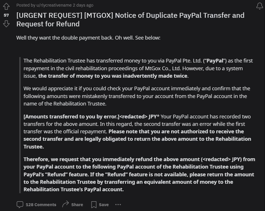 Screenshot of a Reddit post mentioning the contents of the email from Mt. Gox trustee