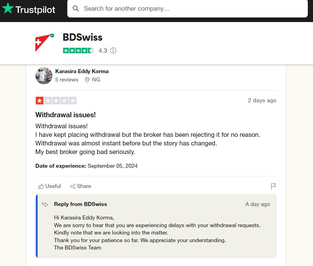 Screenshot of a recent BDSwiss review on Trustpilot