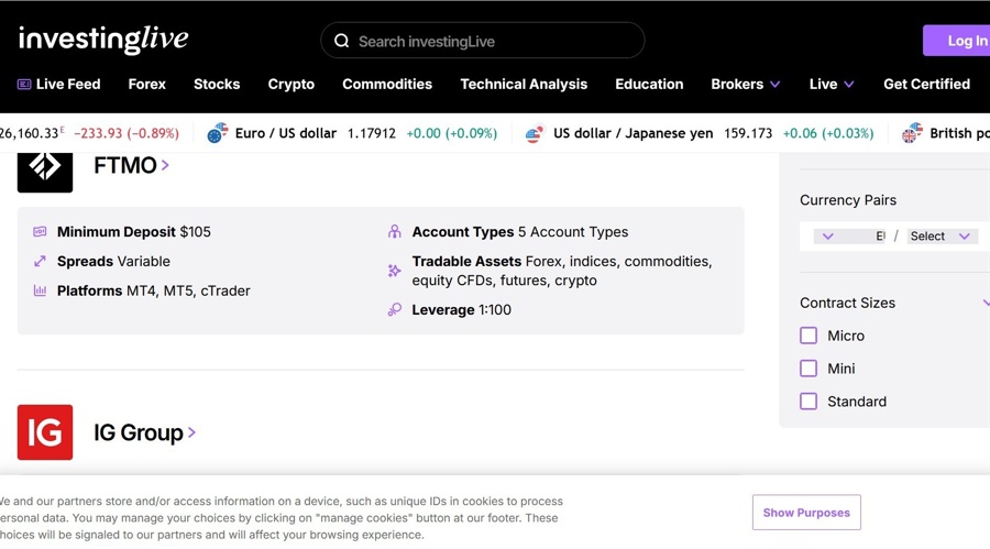 Screenshot of the investingLive website