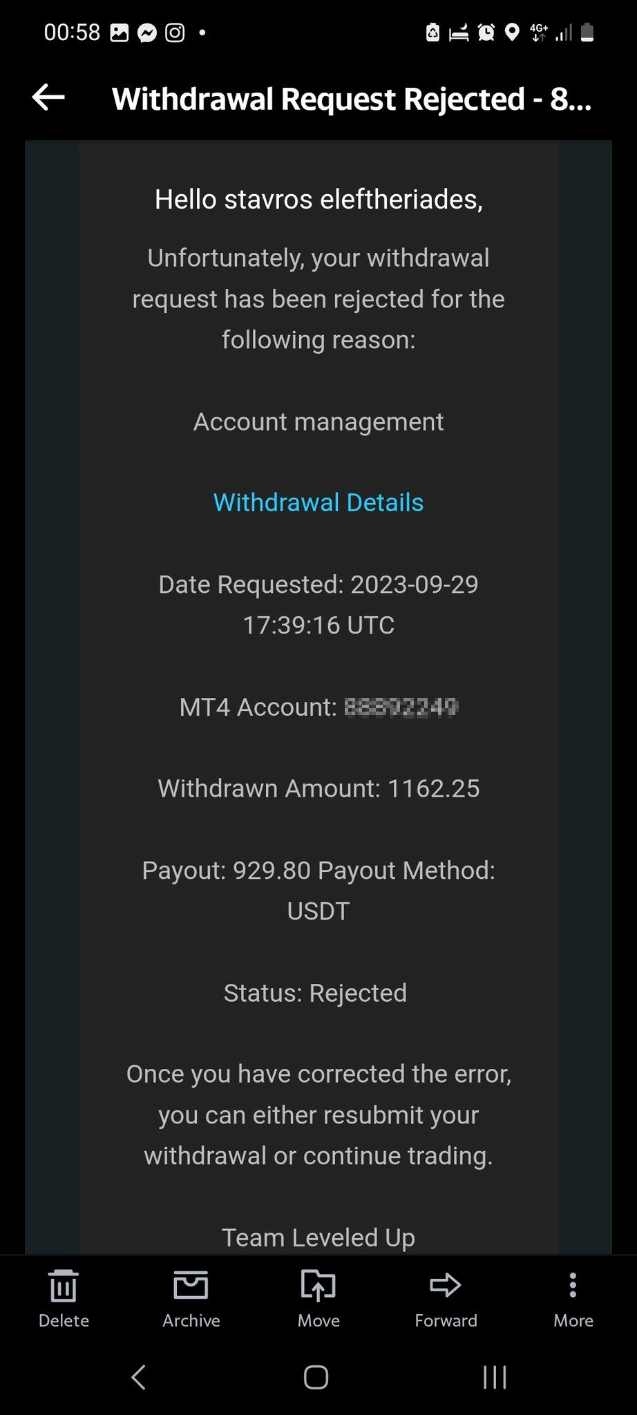 Screenshot of withdrawal rejection shared by the twitter handle @Stevetradingfx_