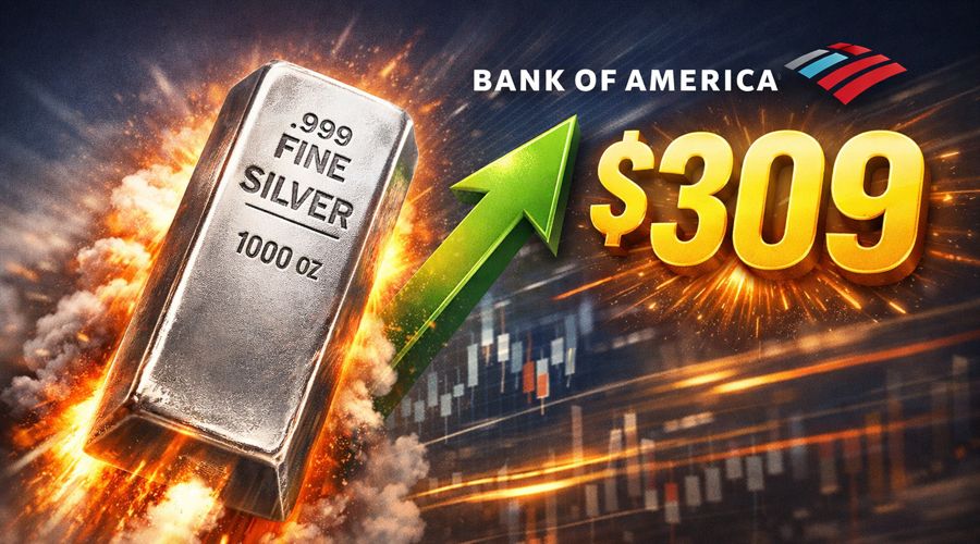 Silver bar rising sharply with an upward arrow, Bank of America logo, and $309 price target.