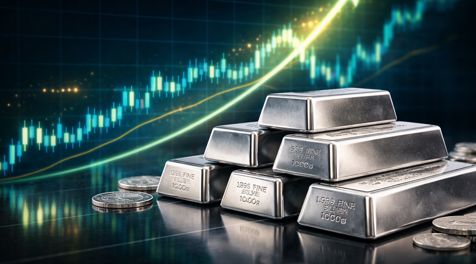 Stacked silver bars in front of an upward financial chart