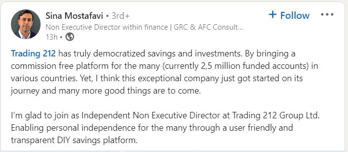 Sina Mostafavi wrote on LinkedIn mentioning his new role