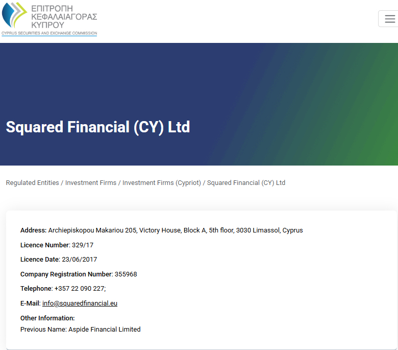 Squared Financial's CIF license status on CySEC's registry