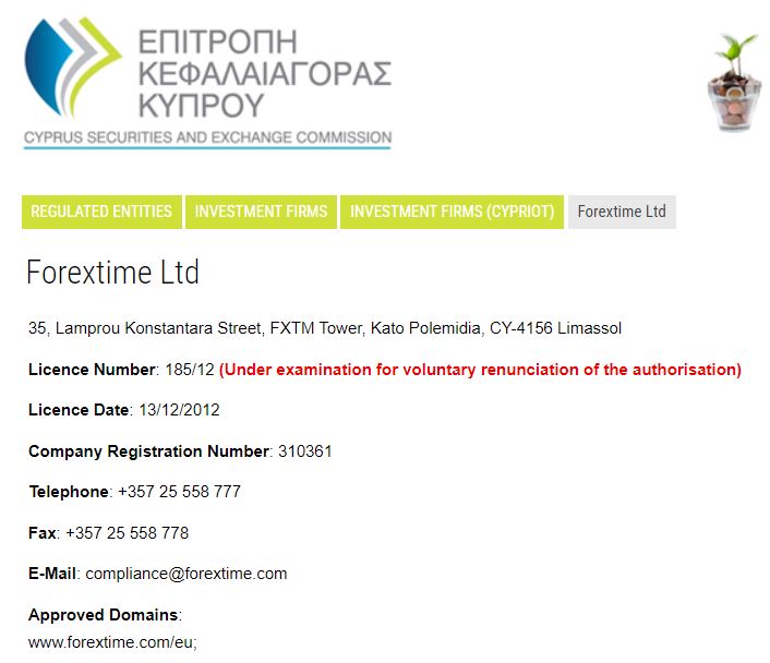 Status of Forextime Ltd's CySEC license