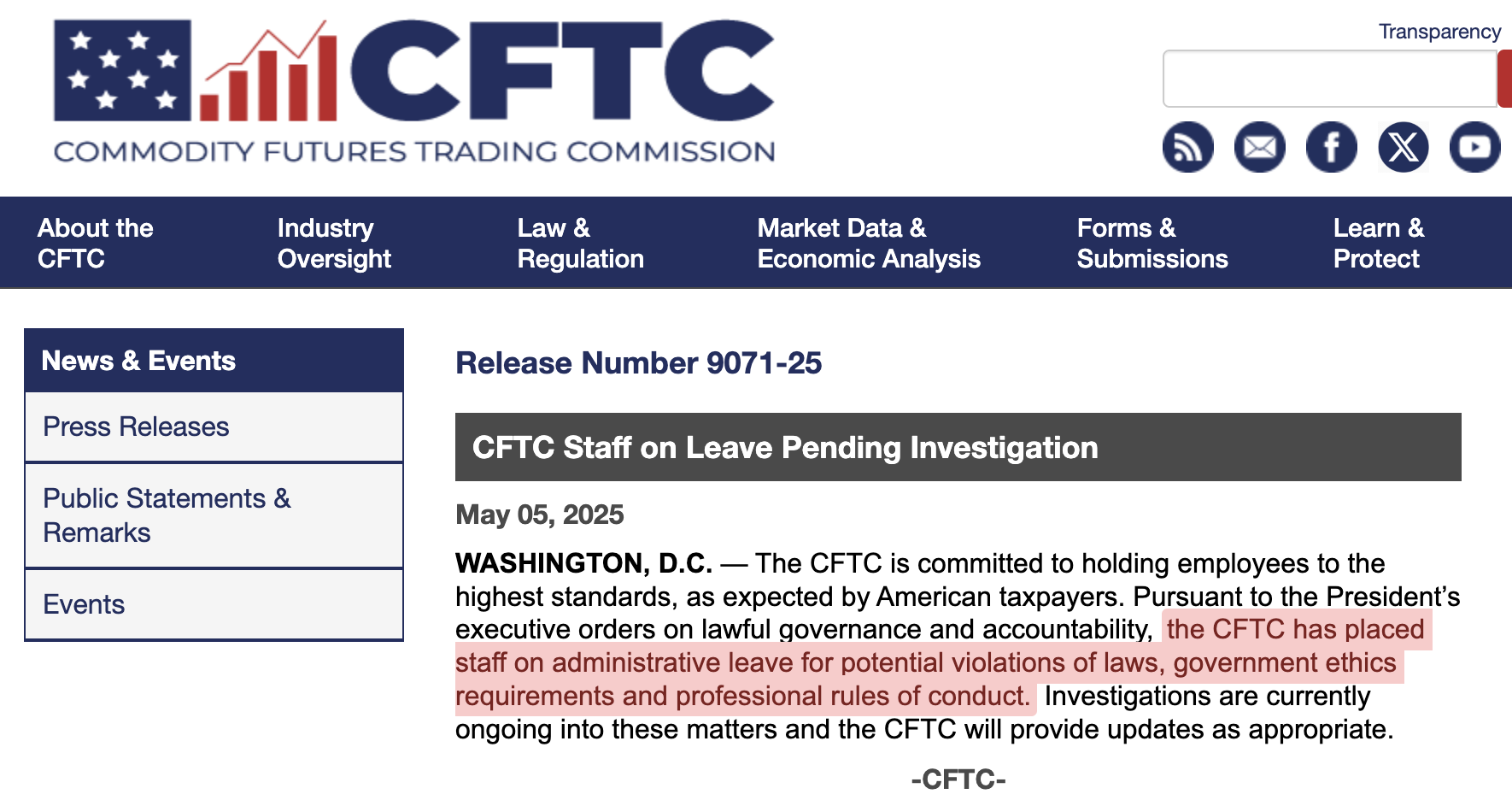 The CFTC's press release mentioning putting staff into administrative leave