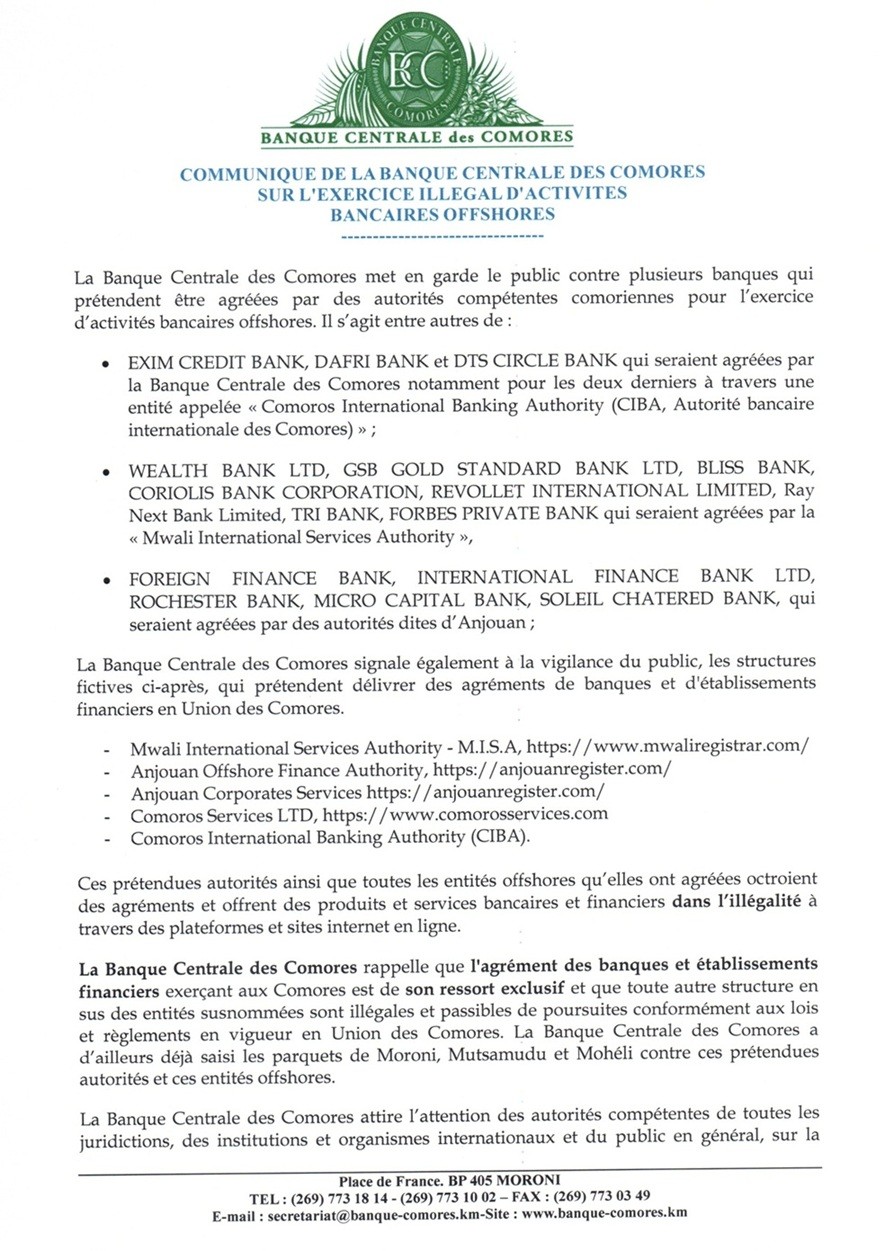 The Central Bank of Comoros warns the public against several banks that claim to be licensed