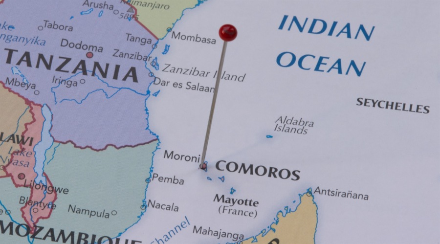 The Comoros islands on a map