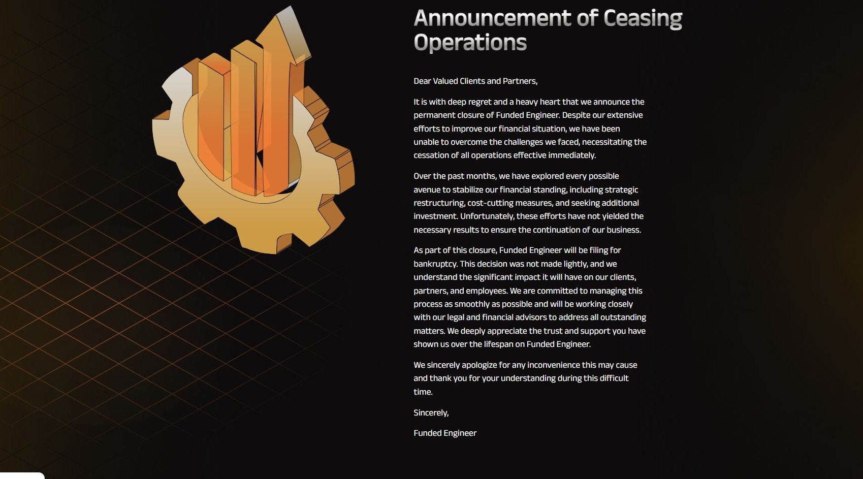 The announcement on the website of Funded Engineer